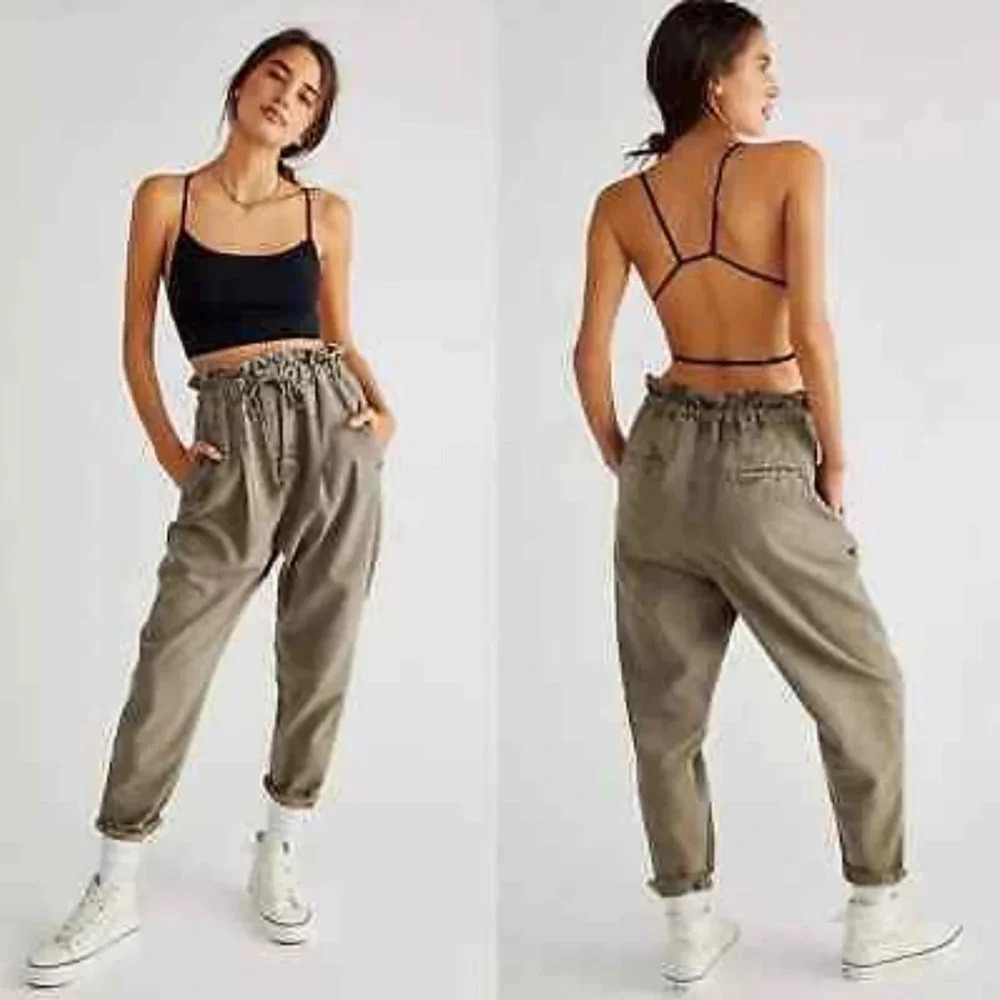 Free People Margate paperbag High Rise Pant olive green large